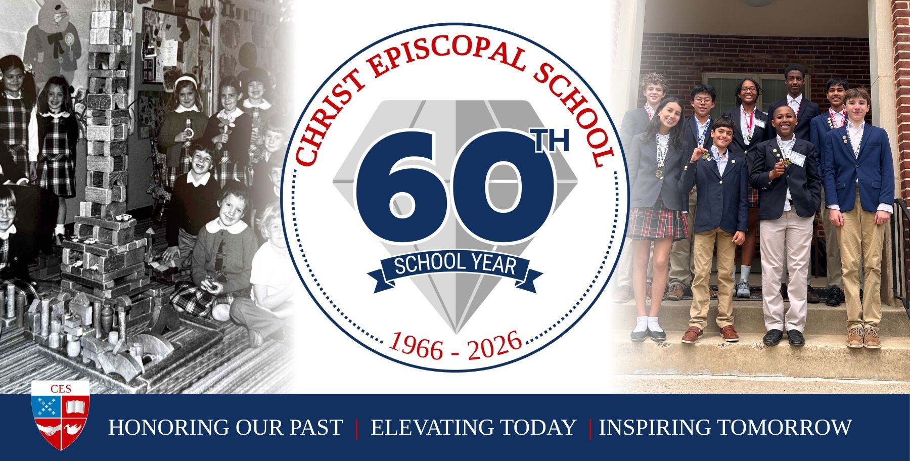 Banner honoring Christ Episcopal School's 60th anniversary school year with students from many generations